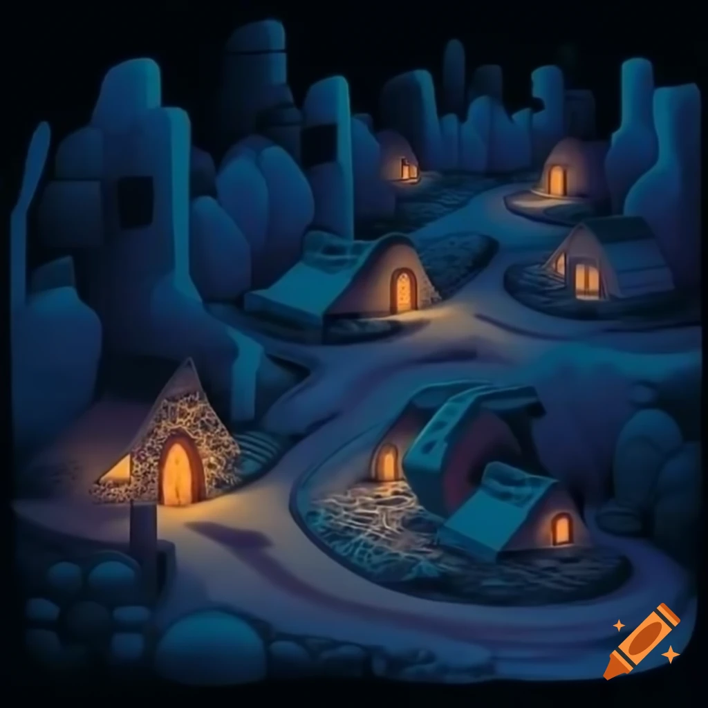 Far shot of a fantasy environment at night with brick roads, stone paths, and tall hut buildings in Ralph McQuarrie style