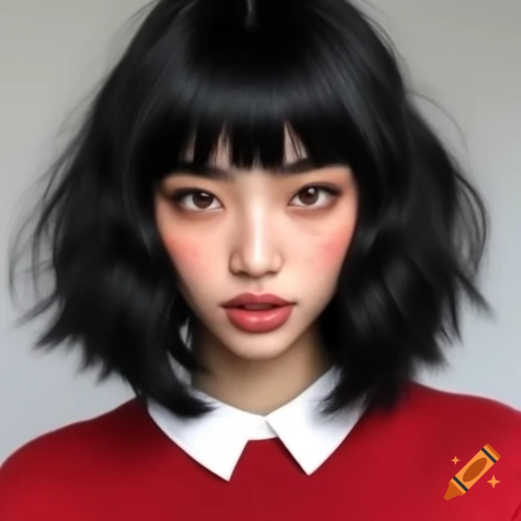 Asian woman with long black hair and red sweater with white collar