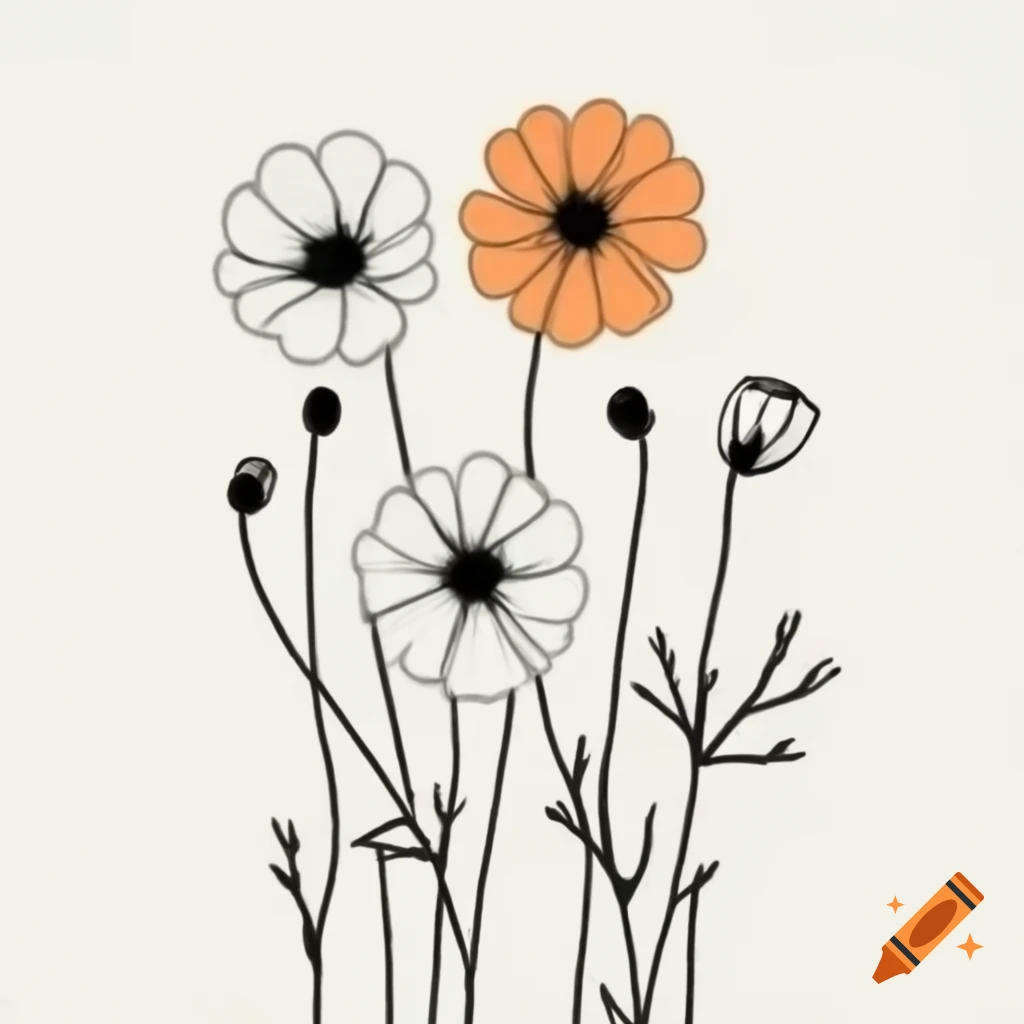 Minimalist black line drawing of cosmos flowers in orange and green