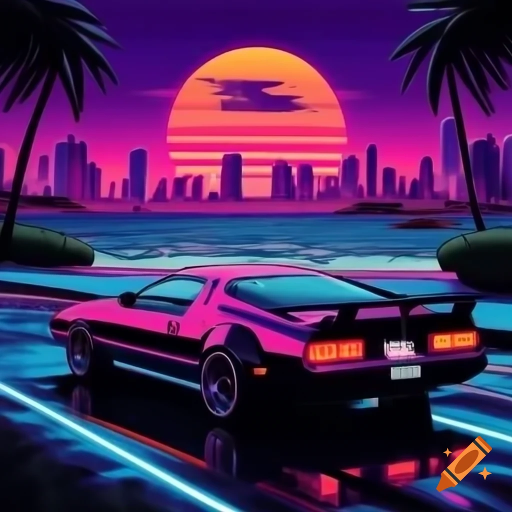 Retro 1980s Miami Beach scene in classic animation style with vivid Technicolor