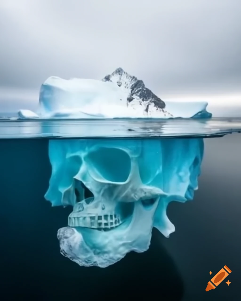 Mysterious island on skull-shaped iceberg with ocean view