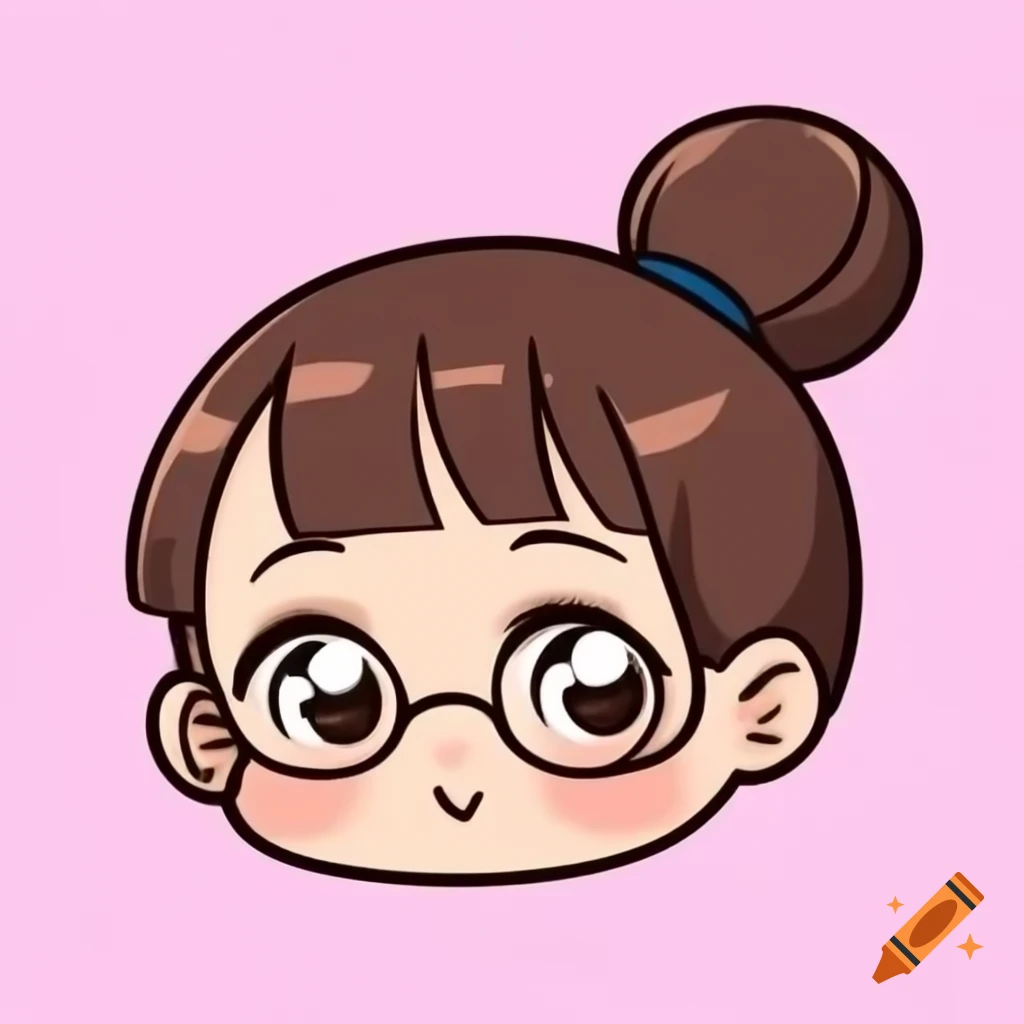 Chibi girl face with ponytail and oversized round glasses
