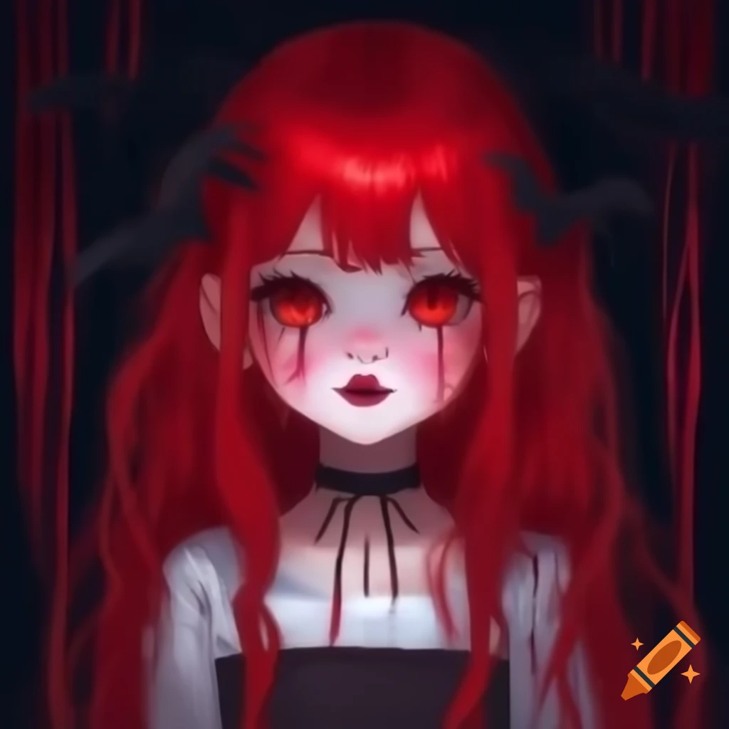 Scary Halloween anime girl with red hair and dramatic makeup