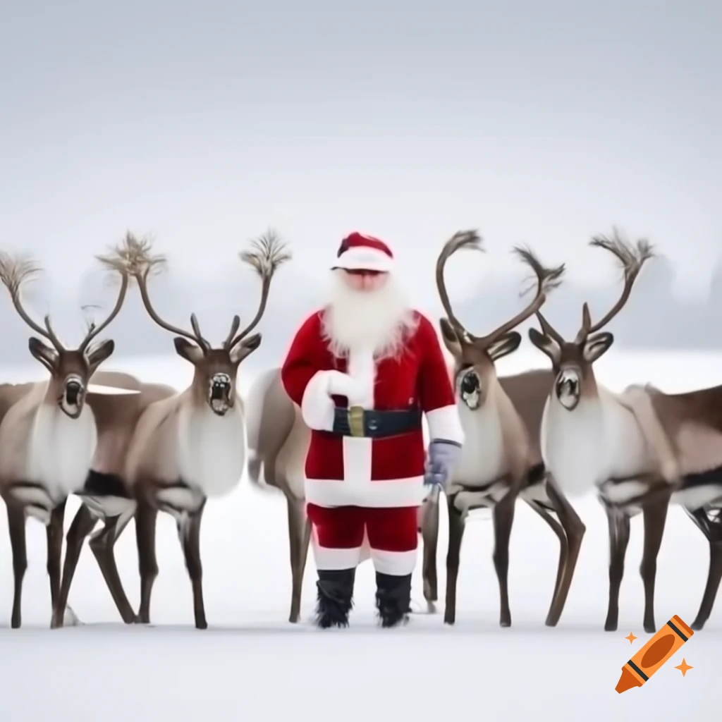 Happy Santa Claus with reindeer in snowy field, ultrarealistic