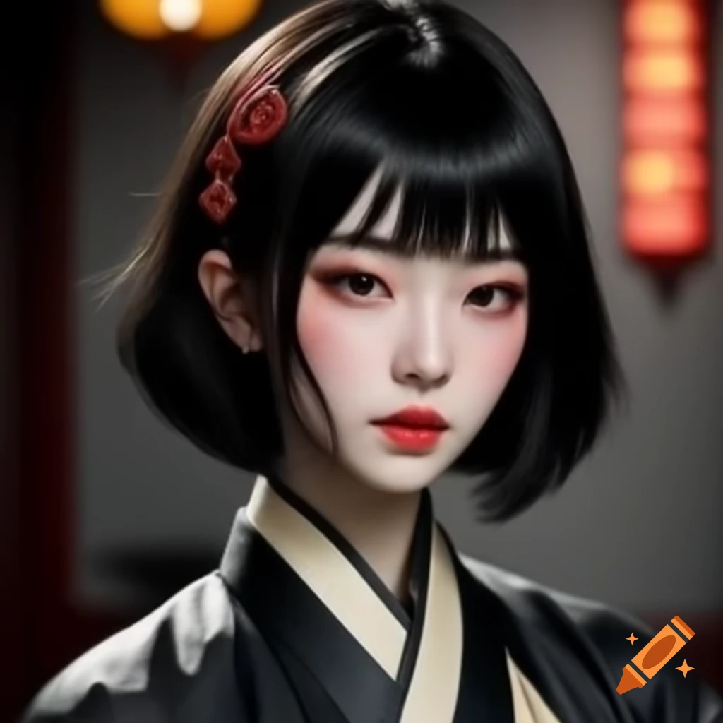 Woman in traditional Chinese dress with plunging bob haircut and striking eyes