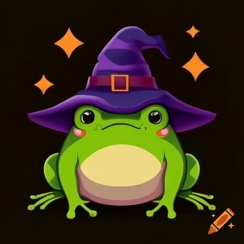 Frog in witch hat with a mischievous expression