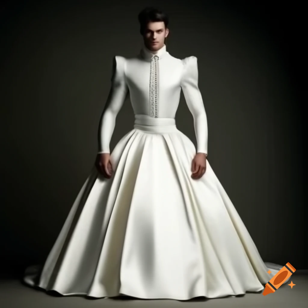 Handsome young man in elegant floor-length white satin gown with lace trim