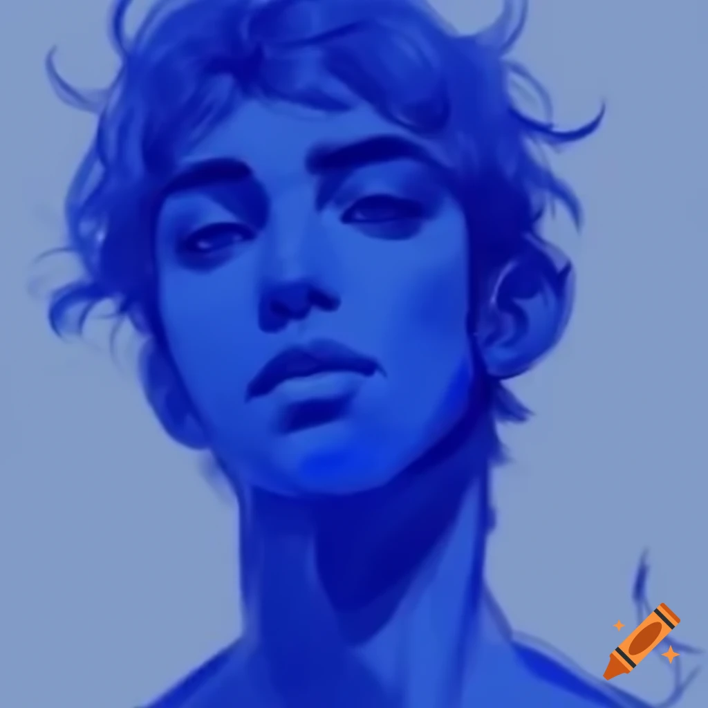 Blue monochrome sketch of man from bottom angle