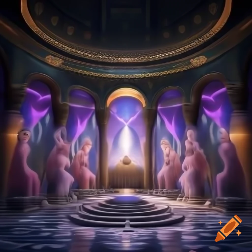 Digital artwork of grand pantheon for ancient deities in Byzantine style