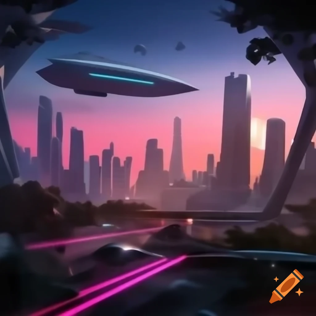 Futuristic city skyline at sunset with flying cars and neon lights, featuring integrated giant trees