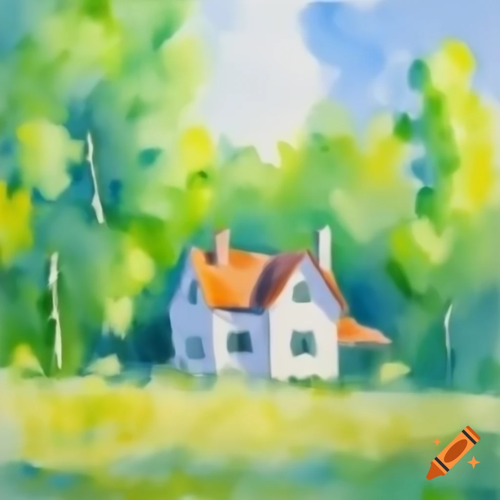 Impressionist watercolor painting of house in the woods