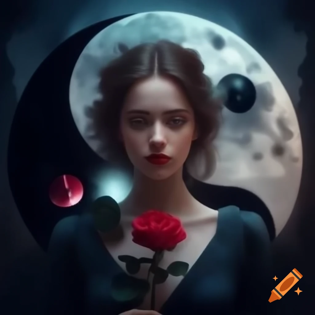 Young adult English woman with rose in dark dress under yin yang moonlight, photorealistic