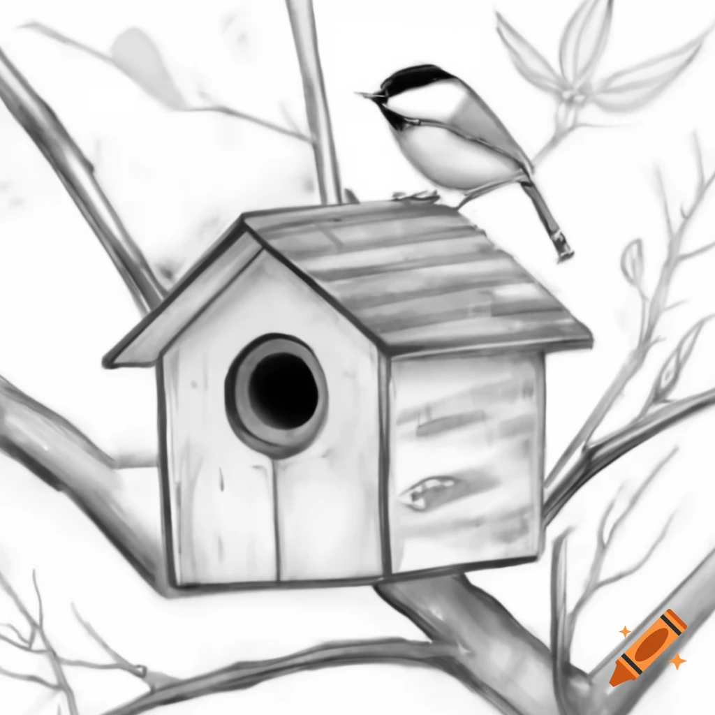Sketch of black capped chickadee birdhouse with sloped roof and no perch