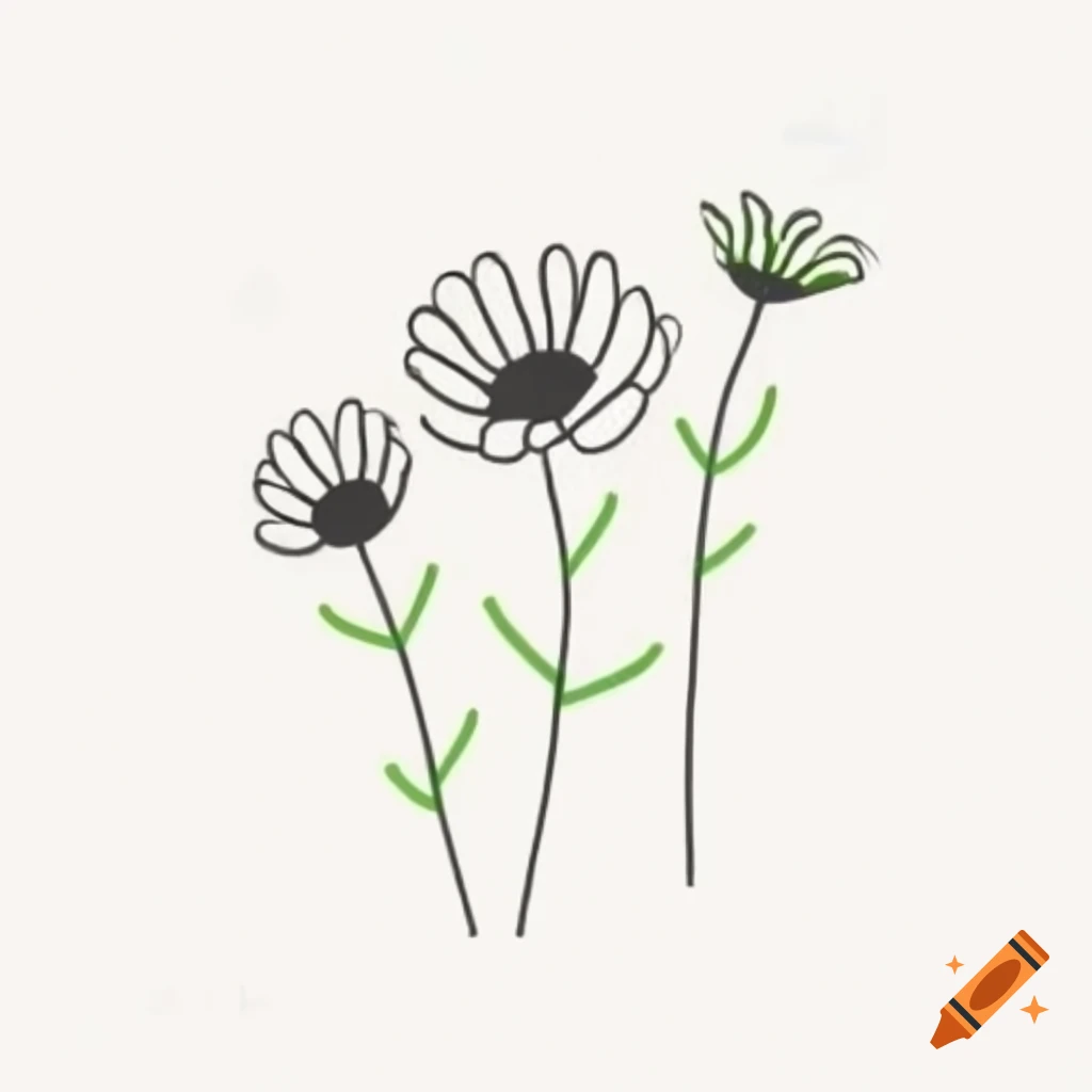 Minimalist black line drawing of daisy flowers with orange and green on white background