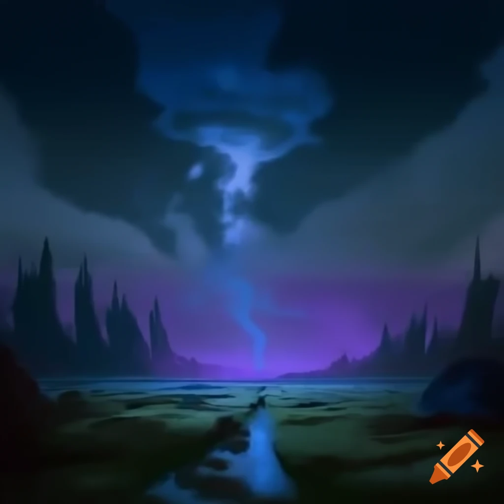 Crowded wasteland at nightfall with saturated violet theme, American Realism style