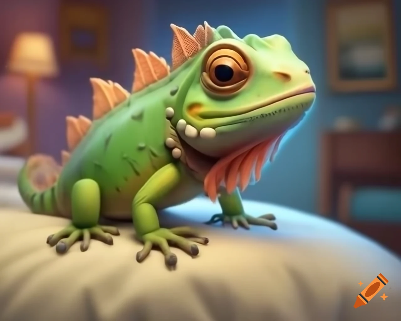 Iguana in frog costume with sour look, pastel colors, Hyper realistic
