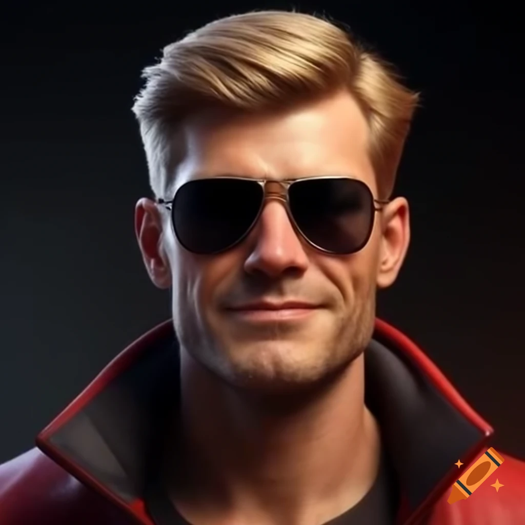 Cool blonde man in dark sunglasses and red members-only jacket with a slight smile