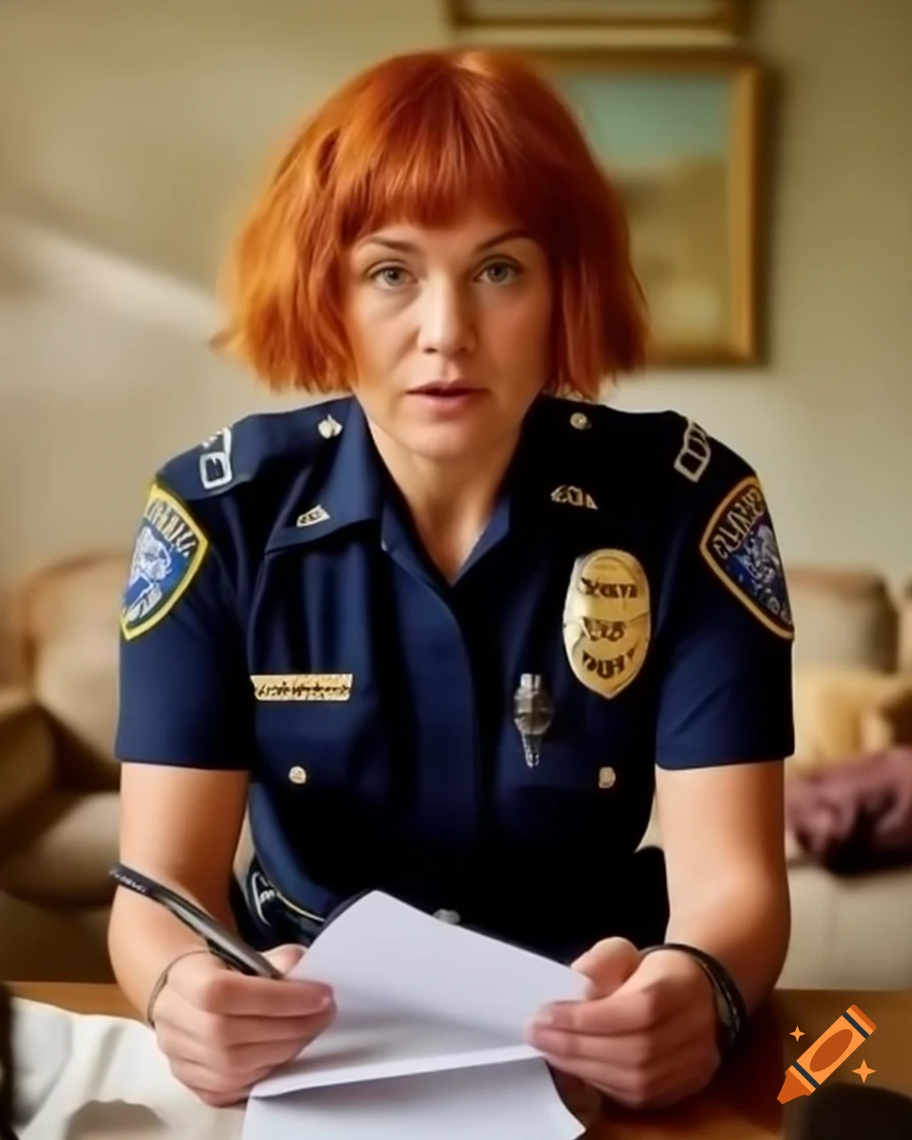 Grumpy blushing French female police officer with ginger hair taking ...