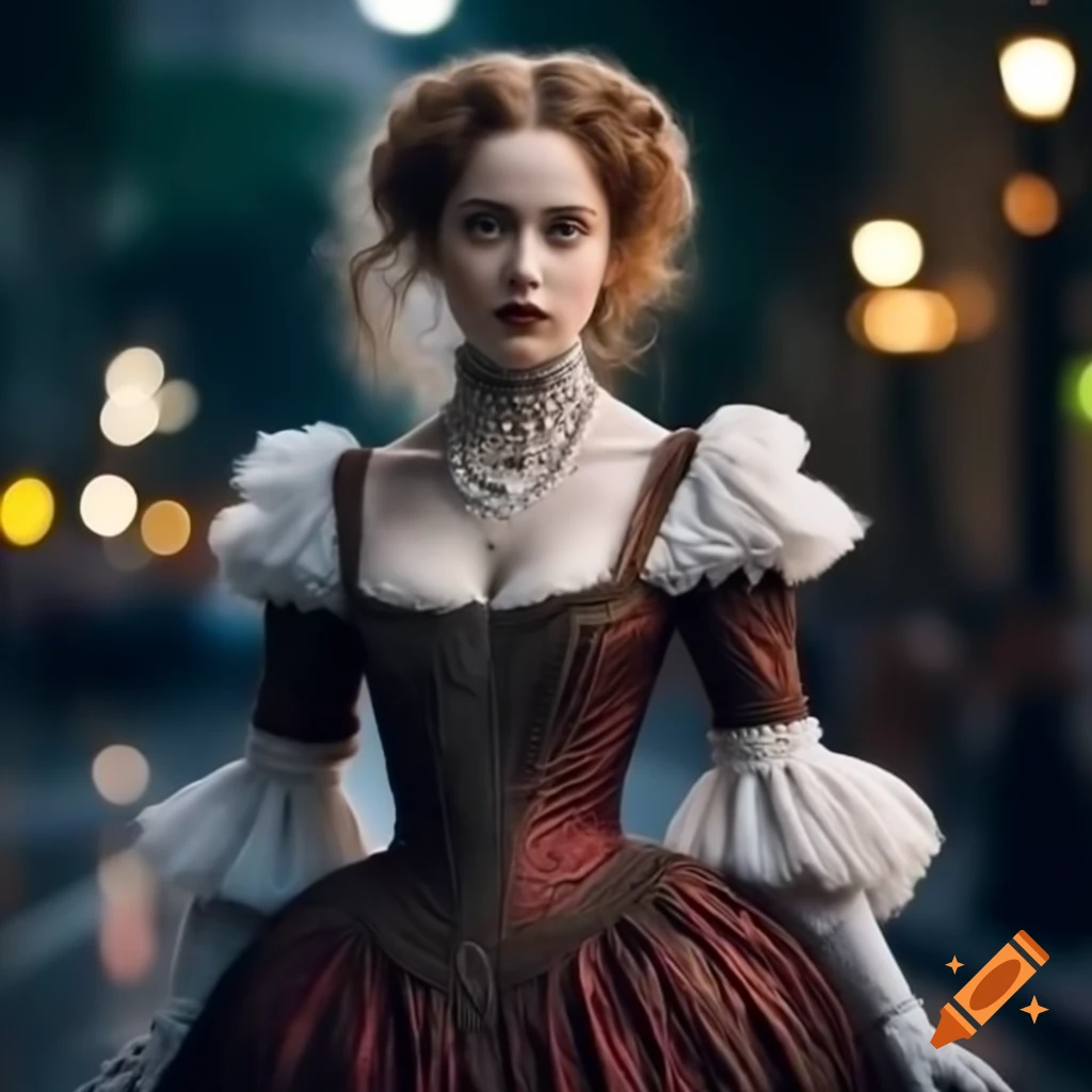 Victorian female ghost in evening dress walking in Copacabana under full moon