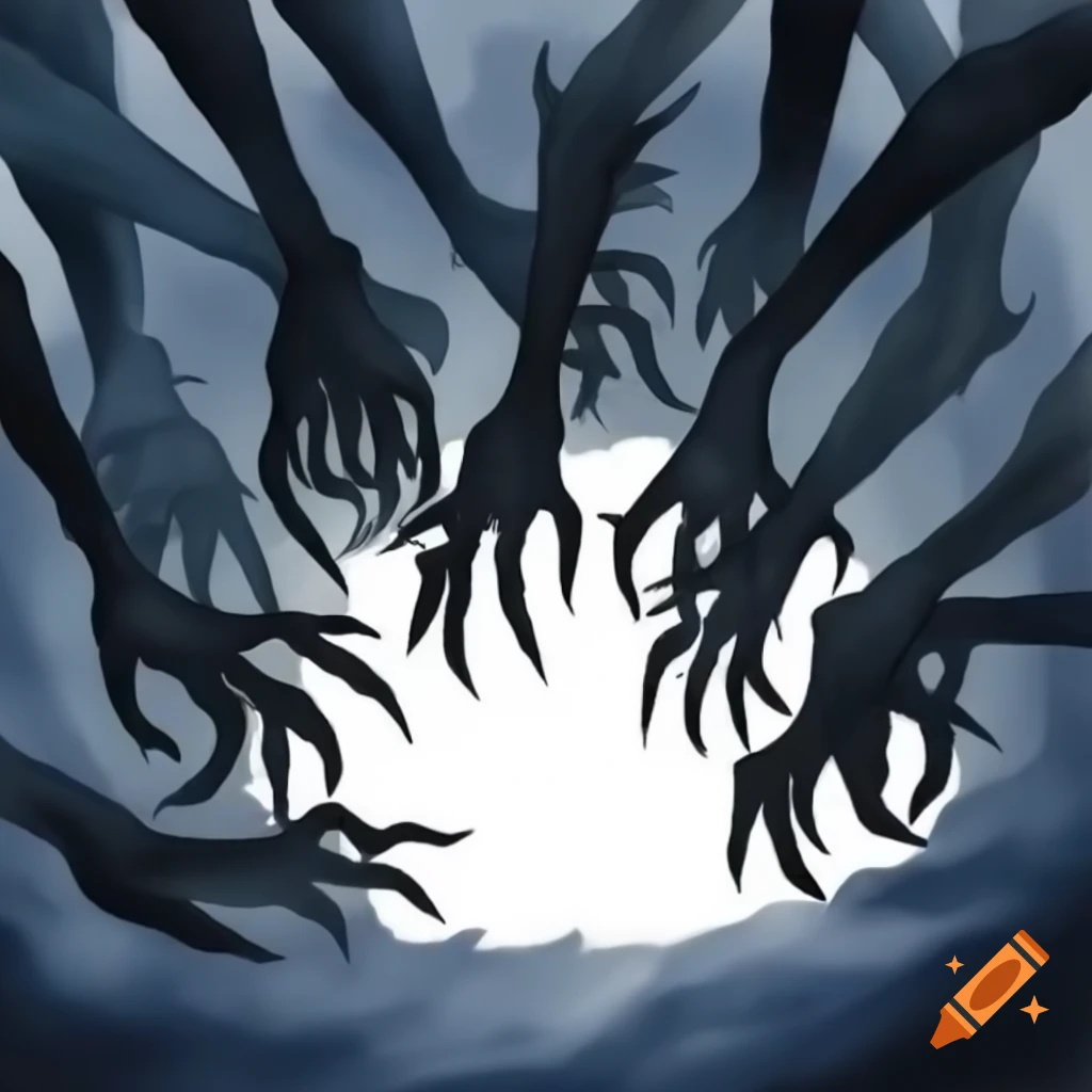 Silhouette of dark monster hands reaching through a hole in watercolor ...