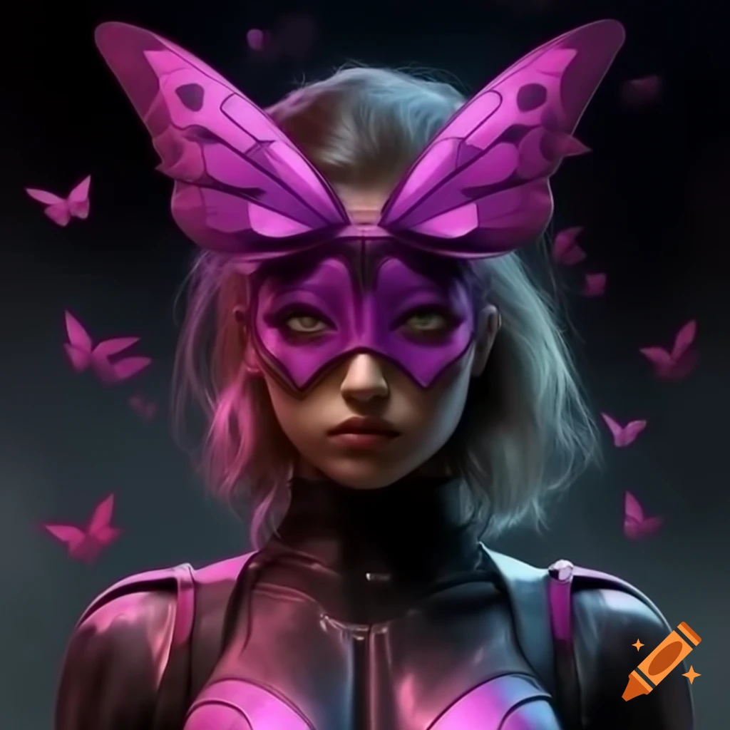 Realistic butterfly-themed superhero and supervillain in cyberpunk style