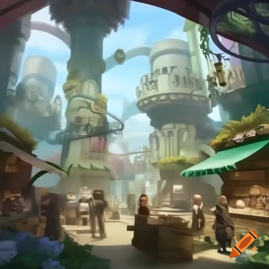 Pastel-colored steampunk cityscape with surreal brass and copper structures