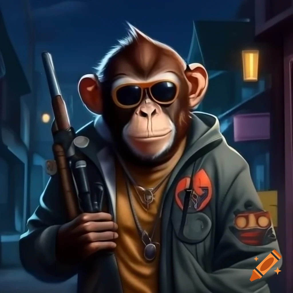 Stylish monkey in jacket and sunglasses chilling on street corner at night