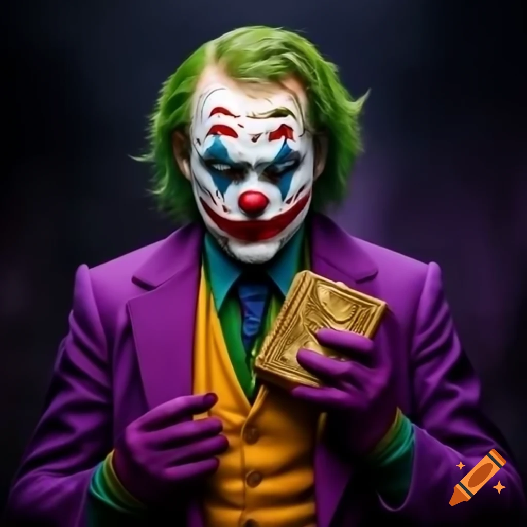 Joker character smiling menacingly while holding a golden brick