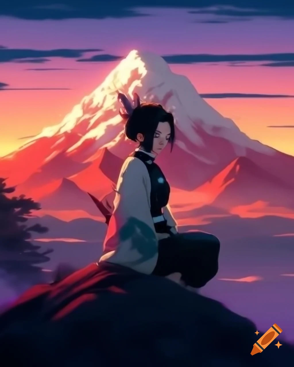 Kocho Shinobu in 90's anime style sitting on a rock at sunset in the mountains
