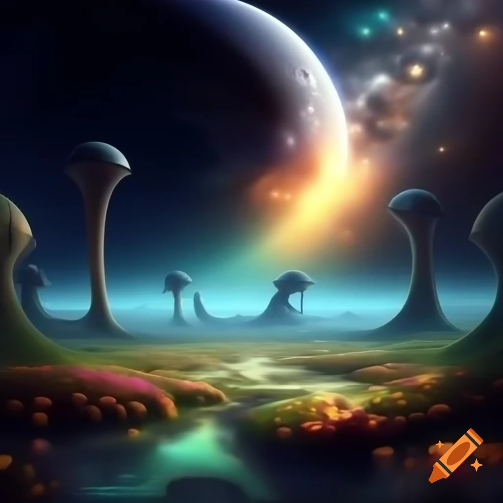 Distant planet in Andromeda Galaxy with alien flora and fauna, ink impressionist style