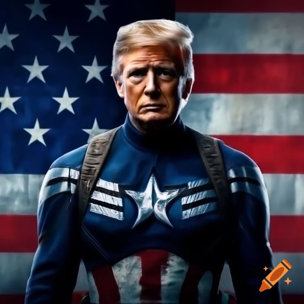 Donald Trump as Captain America with American flag and bald eagle