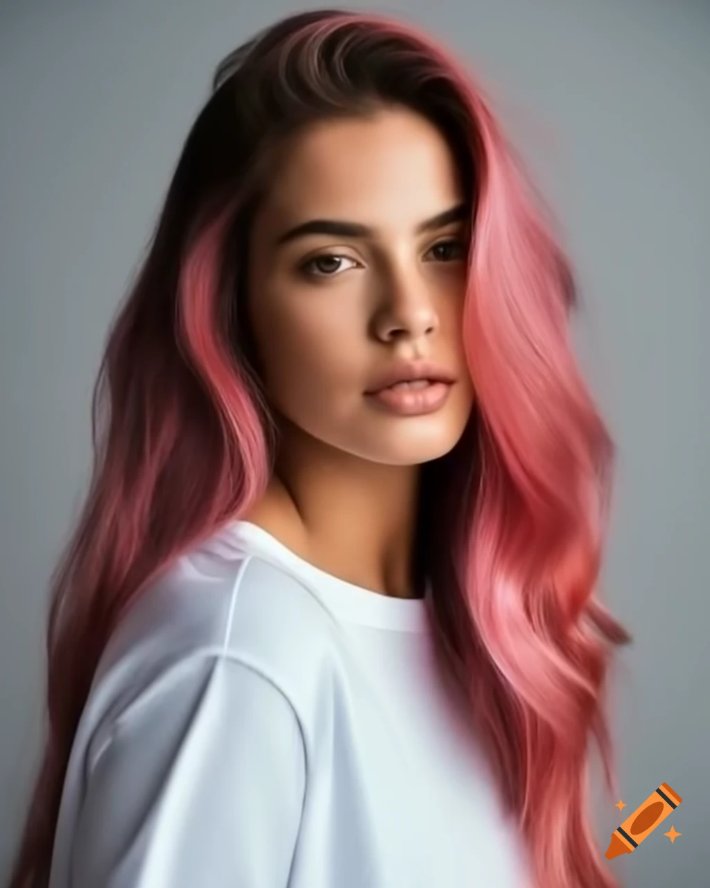 Portrait of female supermodel with pink hair in white t-shirt, studio lighting