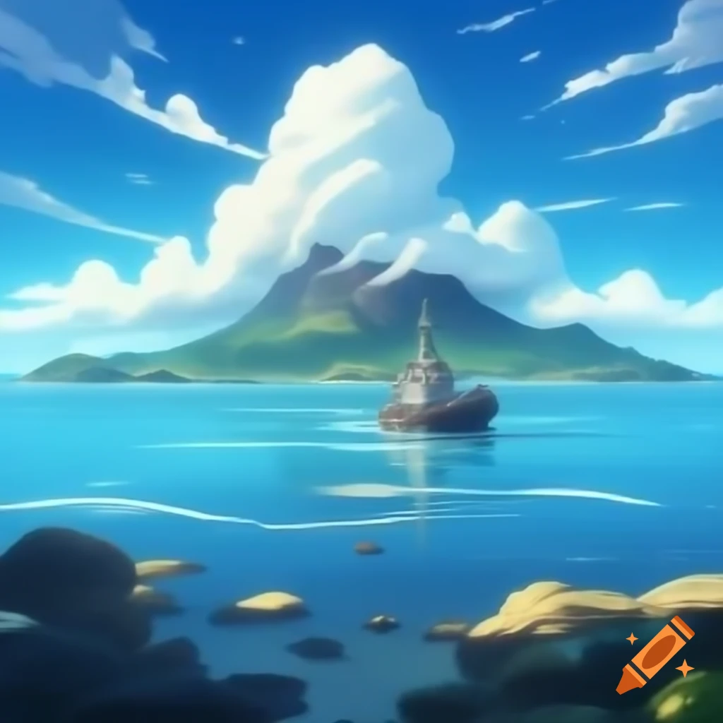 Small ship at sea approaching island with mountain, animated style