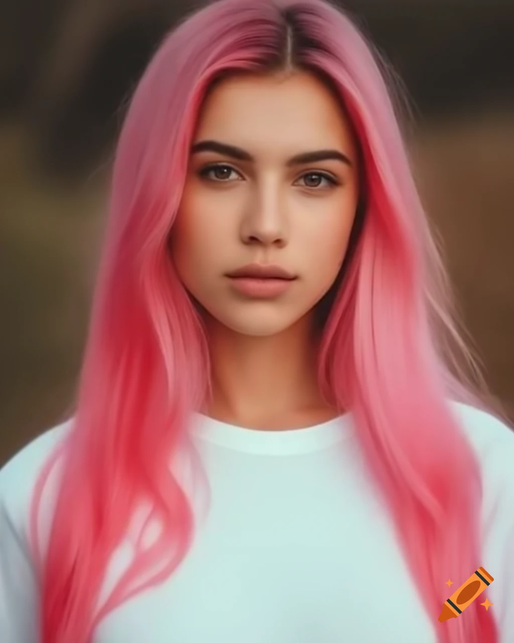 Female supermodel portrait with pink hair and neutral expression in studio lighting