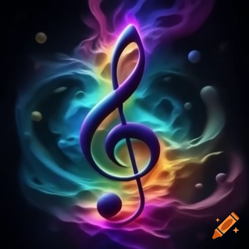 Psychedelic music notes in colorful sound waves