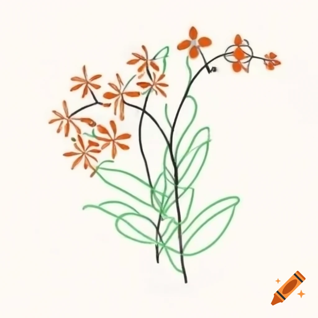 Minimalist black line drawing of orchids and leaves with orange and green accents