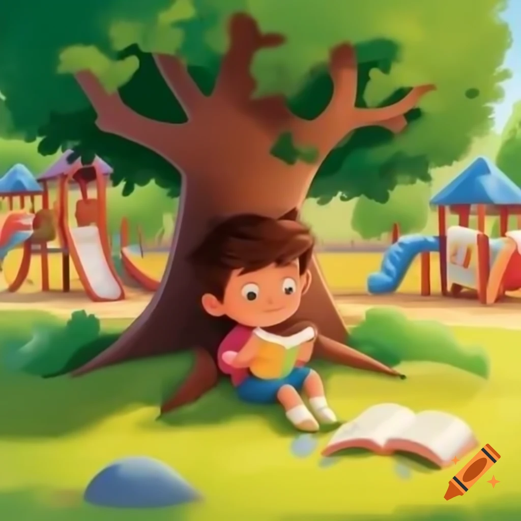 Child reading a book under a tree in playground