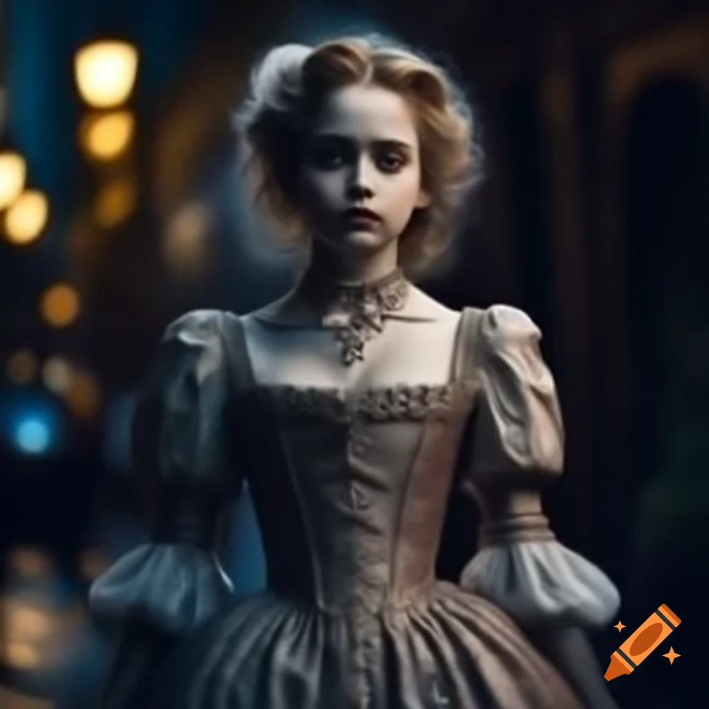 Victorian female ghost in evening dress walking in Copacabana under full moon