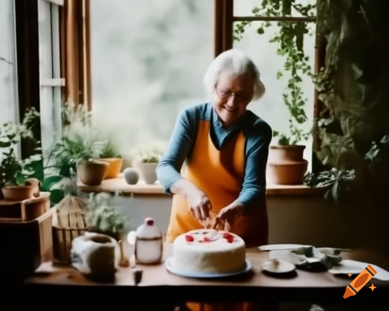 Elderly woman decorating wedding cake in cozy rustic kitchen with plants