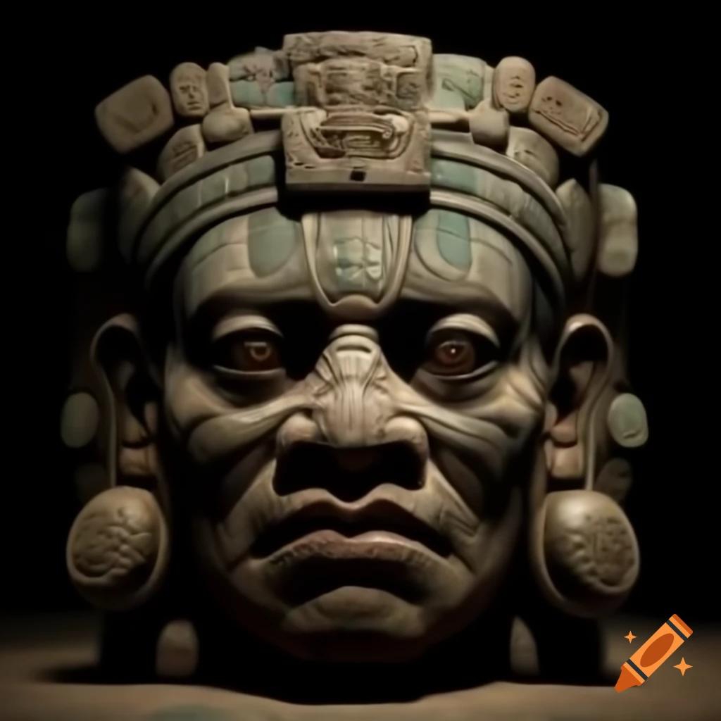 Detailed depiction of Maya god stone face with dramatic lighting