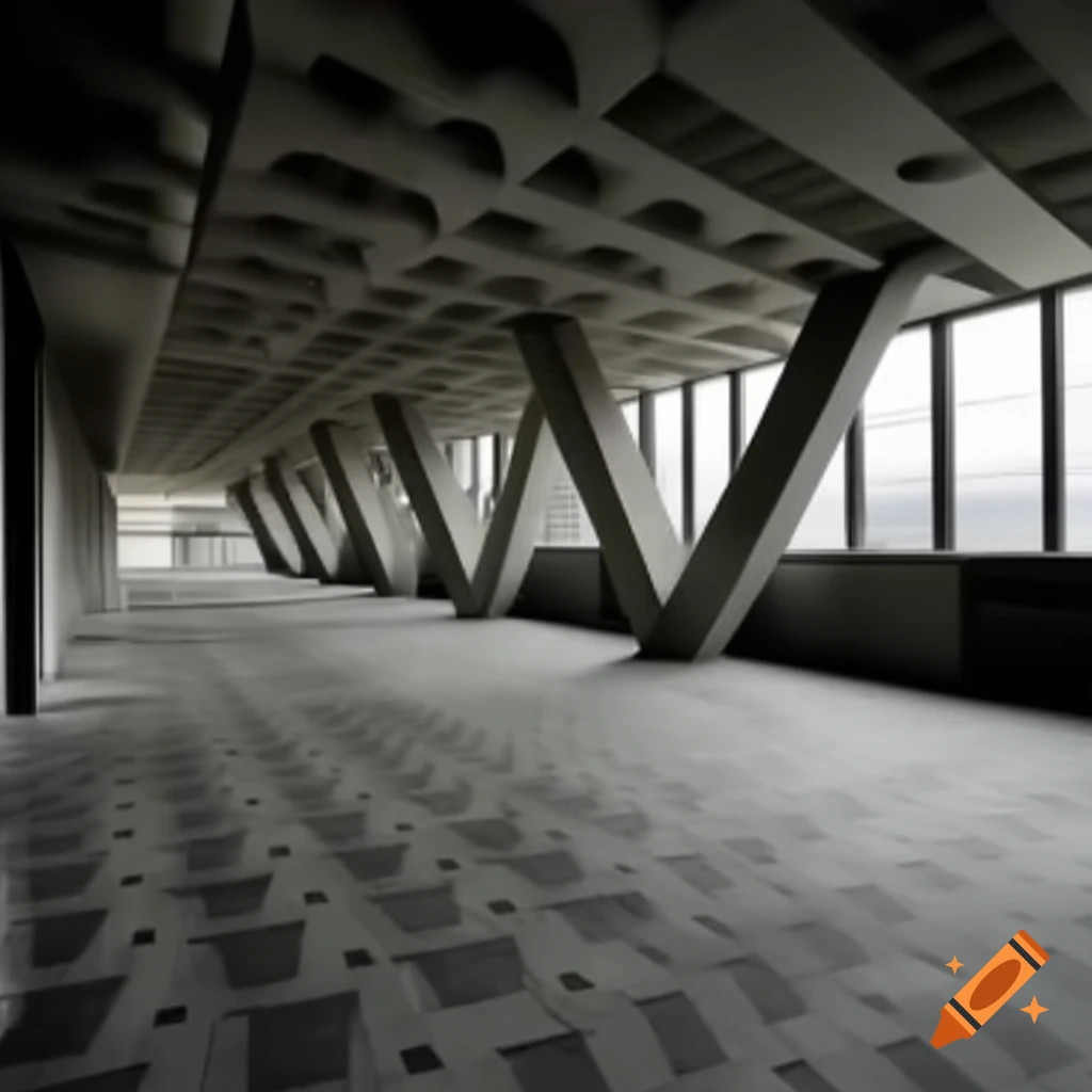 Geometric Brutalist office interior featuring open floorplan and concrete design