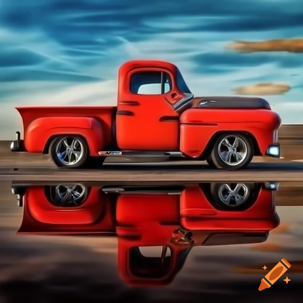 Side view of an old red pickup truck in Norman Rockwell painting style