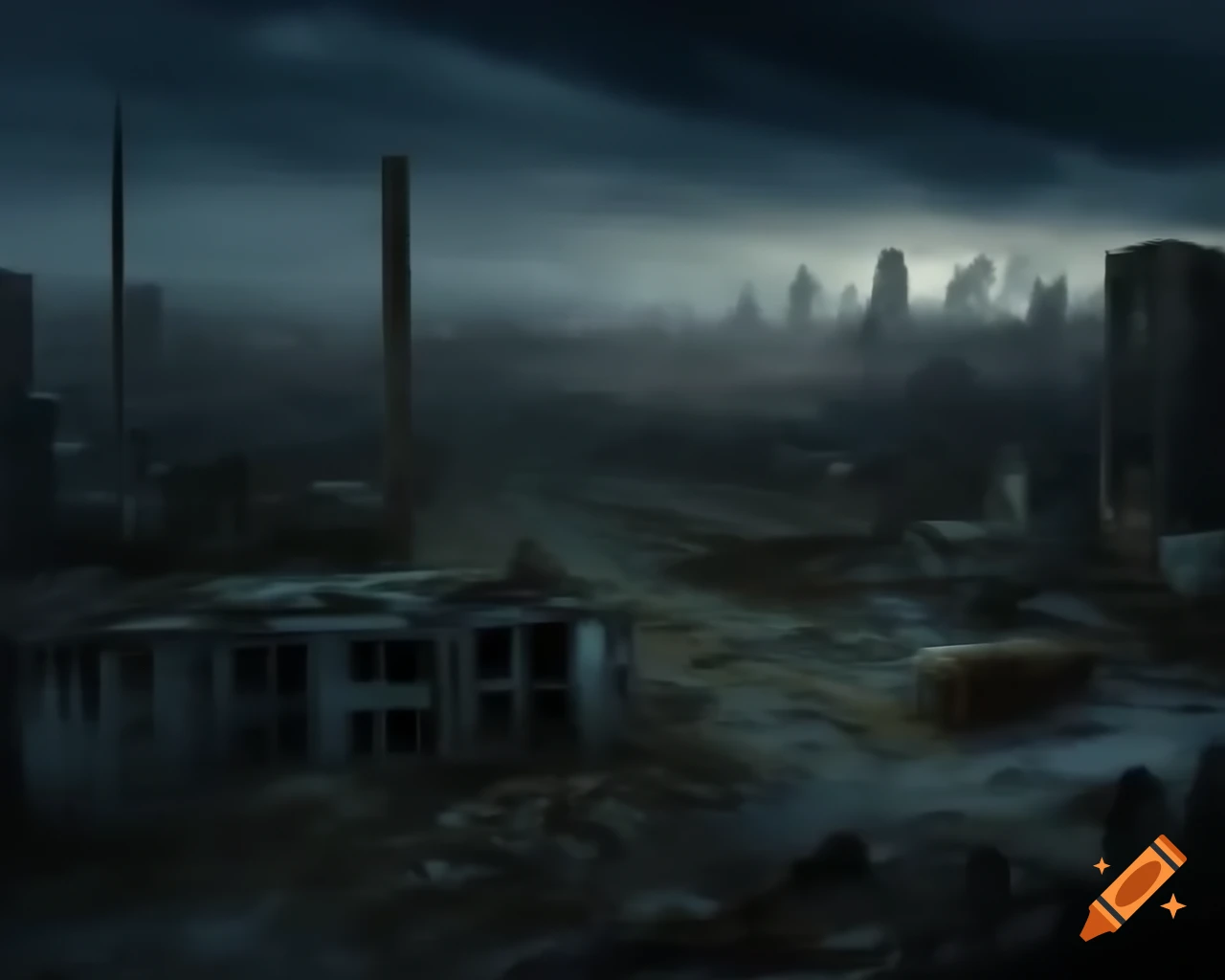 Abandoned city at night with stormy skies and rubble