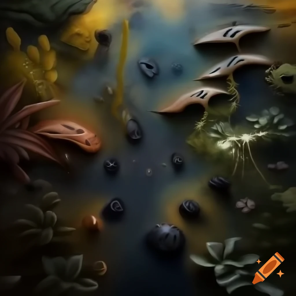 Abstract art of futuristic time travelers in Garden of Eden with exotic flora