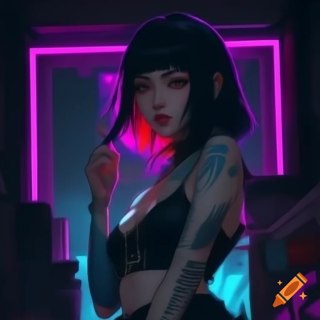 Punk-inspired young woman in dystopian fashion with black hair and edgy attire