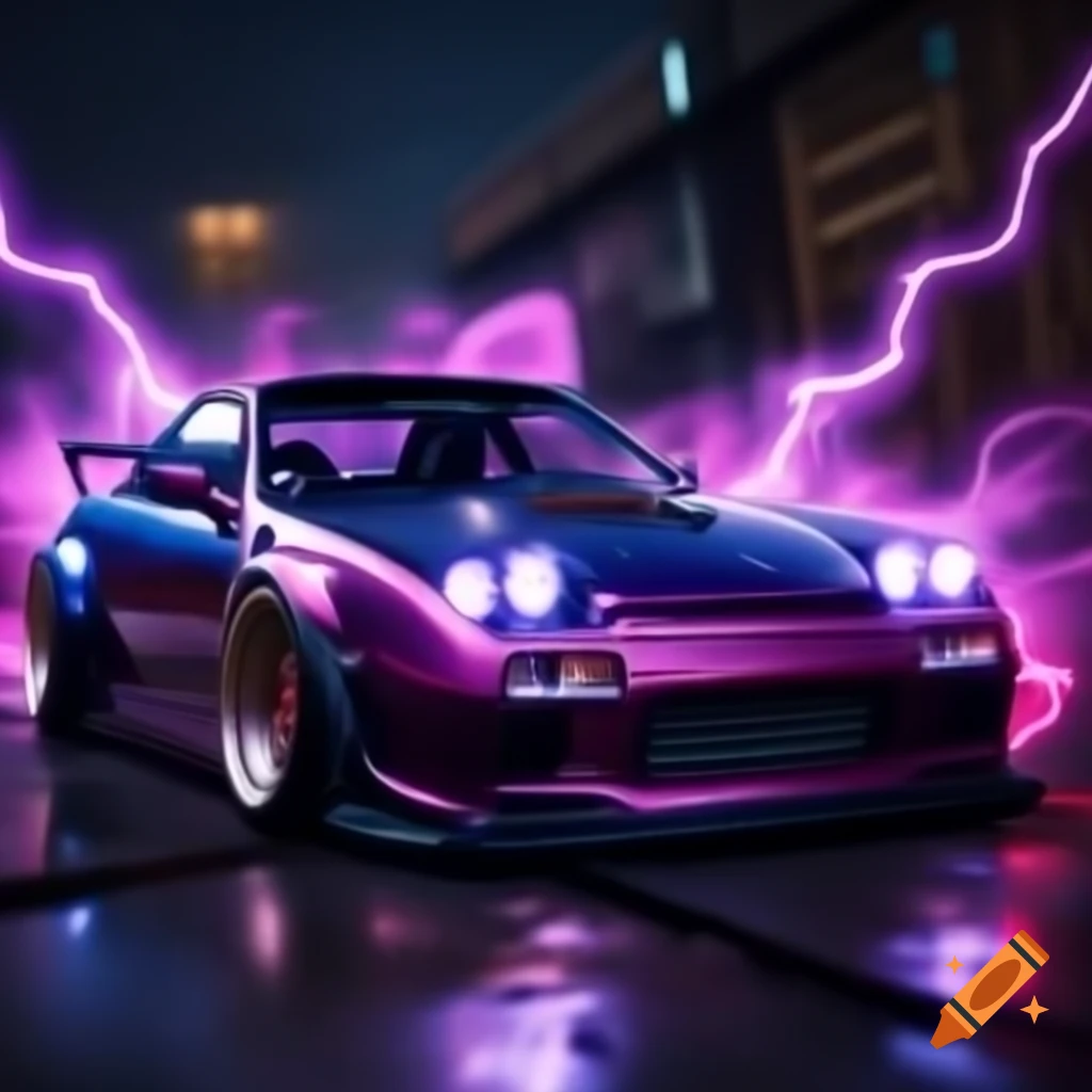 Dynamic design of the word VELOCITY with lightning effects and a fancy JDM car