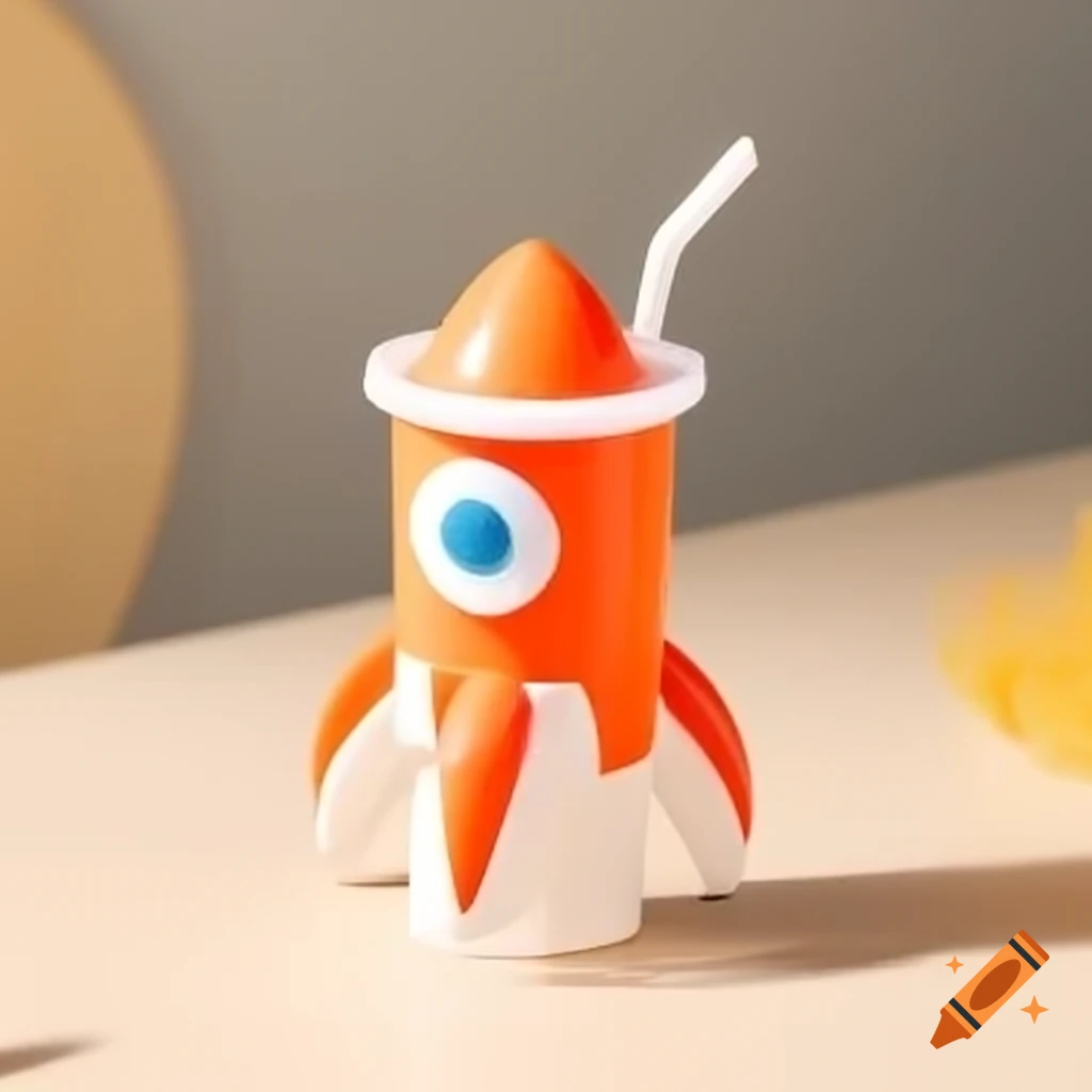 Rocket-shaped plastic cup with straw