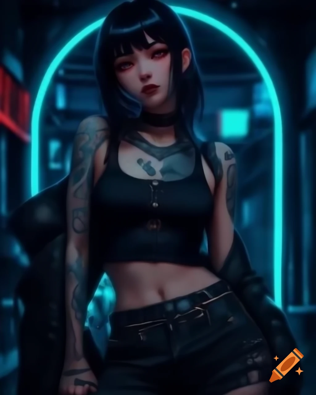 Punk-inspired young woman in dystopian fashion, lowrise pants and crop top