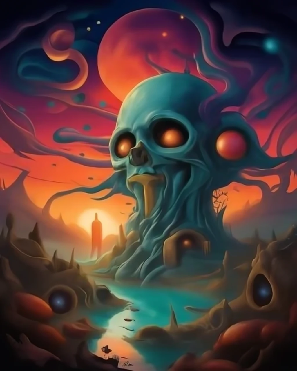Surreal fantasy illustration in strange style by Greg Rutkowski
