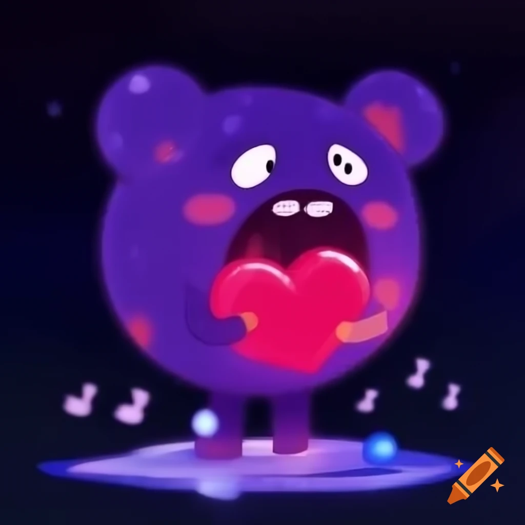 Gummy Bear singing in cosmic amphitheater with eerie atmosphere